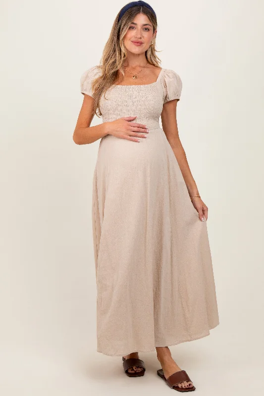 Maternity dress for a winter wonderland event Beige Square Neck Smocked Top Criss Cross Back Tie Maternity Maxi Dress Maternity dress for a winter wonderland event Beige Square Neck Smocked Top Criss Cross Back Tie Maternity Maxi Dress
