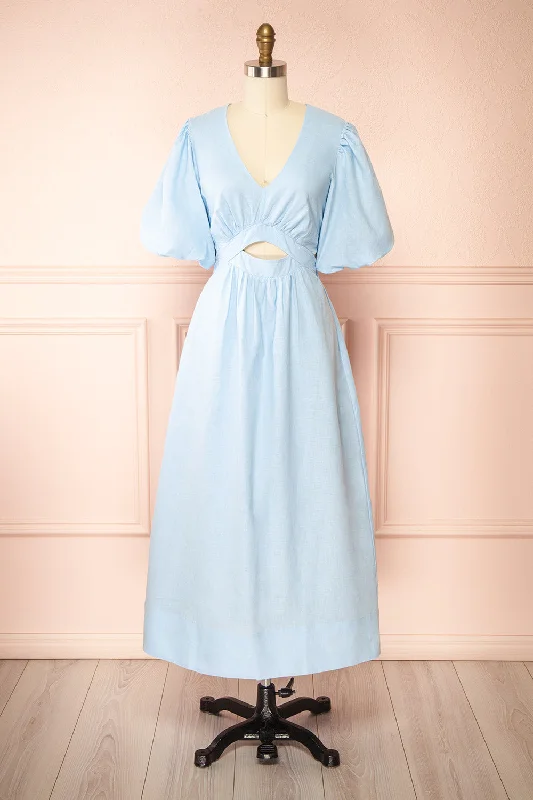 A - line midi dresses with floral prints for spring brunches Elyssien | Blue Puff Sleeve Midi Dress A - line midi dresses with floral prints for spring brunches Elyssien | Blue Puff Sleeve Midi Dress