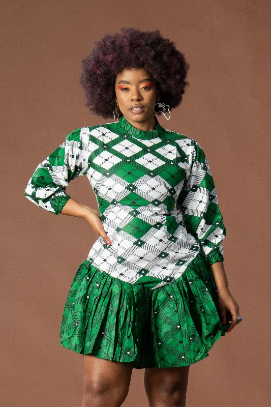 Mini dresses with pom - pom trims for a playful feel Annabella Ankara Midi Dress | Green and White African Print Mini dresses with pom - pom trims for a playful feel Annabella Ankara Midi Dress | Green and White African Print