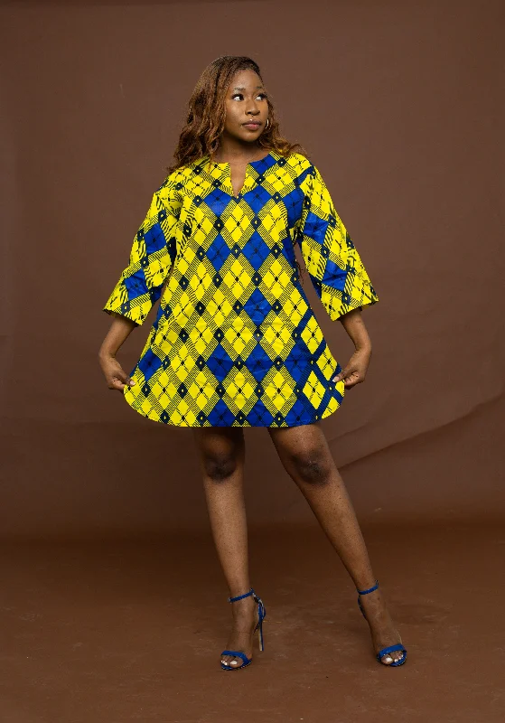 Mini dresses with embroidered details for a unique touch Agu Ankara Tunic Short Dress |Yellow and Blue African Print Mini dresses with embroidered details for a unique touch Agu Ankara Tunic Short Dress |Yellow and Blue African Print