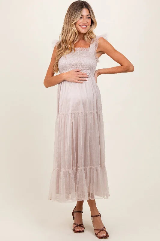 Maternity dress for a baby's first visit to the opera Beige Mesh Overlay Smocked Maternity Midi Dress Maternity dress for a baby's first visit to the opera Beige Mesh Overlay Smocked Maternity Midi Dress