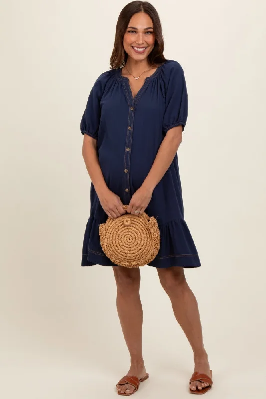 Maternity dress for a baby's first visit to the vegetable garden Navy Blue Button Front Short Puff Sleeve Maternity Dress Maternity dress for a baby's first visit to the vegetable garden Navy Blue Button Front Short Puff Sleeve Maternity Dress