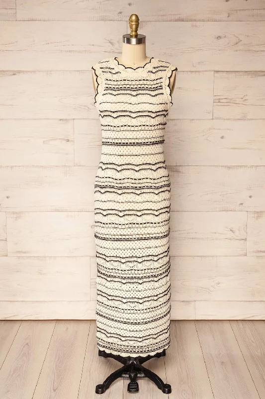 Midi dresses with ruffled sleeves for a more feminine and voluminous look Kande | Long Fitted Striped Crochet Dress Midi dresses with ruffled sleeves for a more feminine and voluminous look Kande | Long Fitted Striped Crochet Dress