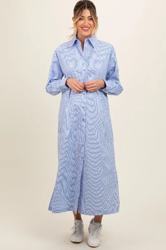 Maternity dress for a movie night out Blue Pinstriped Button Front Side Slit Maternity Midi Shirt Dress Maternity dress for a movie night out Blue Pinstriped Button Front Side Slit Maternity Midi Shirt Dress