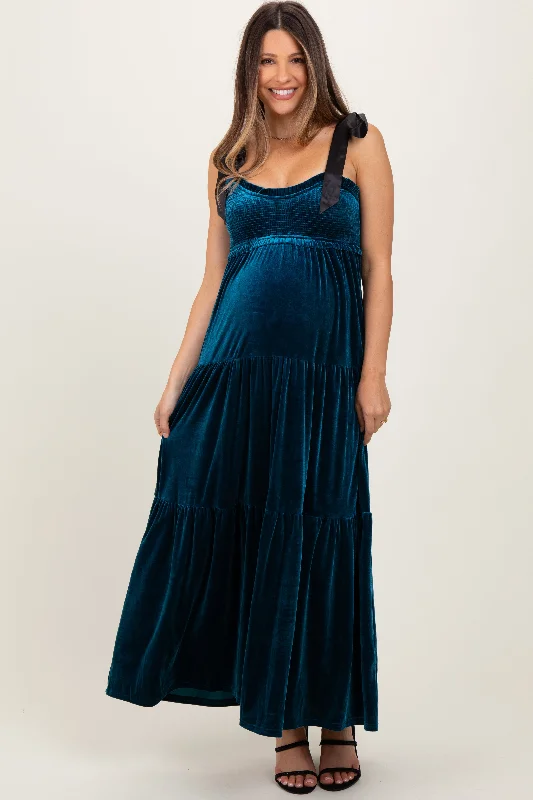 Maternity dress for a baby's first visit to the science center Deep Teal Velvet Smocked Satin Shoulder Tie Maternity Maxi Dress Maternity dress for a baby's first visit to the science center Deep Teal Velvet Smocked Satin Shoulder Tie Maternity Maxi Dress