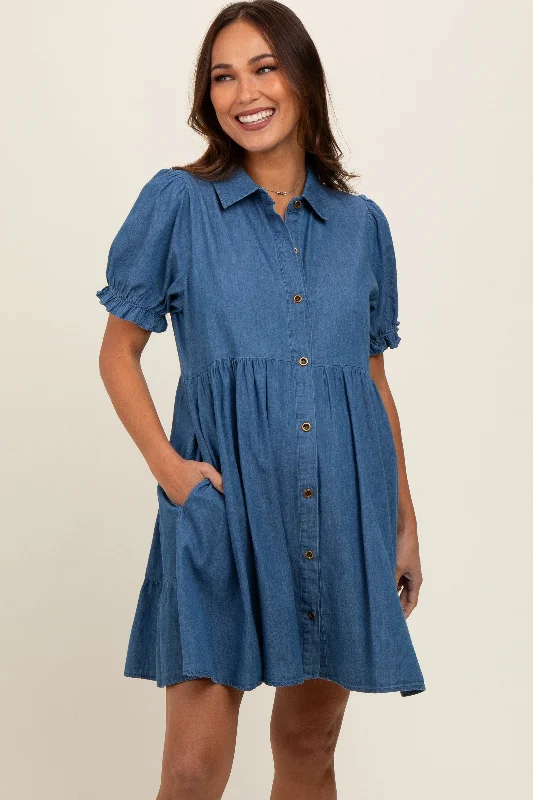 Maternity dress for a baby's first visit to the informal garden Blue Chambray Puff Sleeve Button Down Maternity Dress Maternity dress for a baby's first visit to the informal garden Blue Chambray Puff Sleeve Button Down Maternity Dress