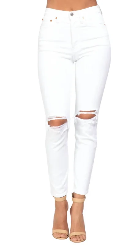 Dark - wash women jeans for a sophisticated and slimming effect90's High Rise Ankle Crop Jeans In White Destroy