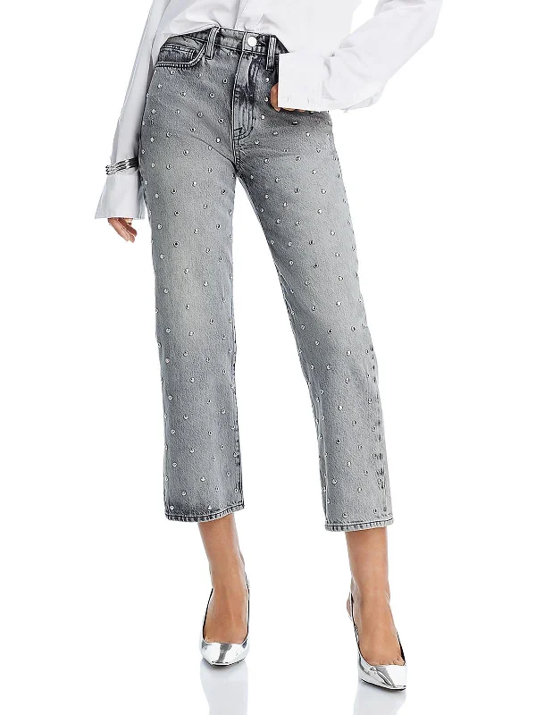 Acid - wash women jeans with a retro finishLe Jane Womens High Rise Studded Straight Leg Jeans