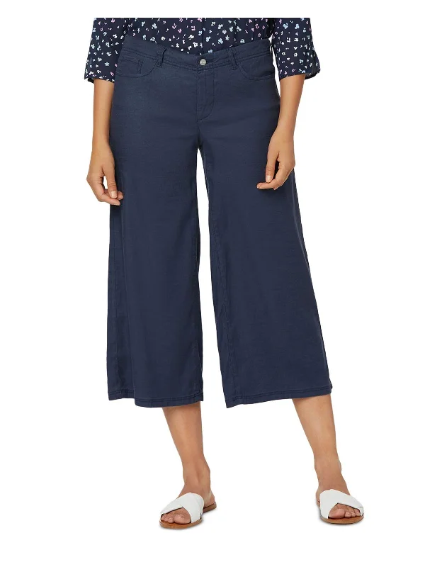 Women's Fleece - Lined Tight Trousers in Dark Blue for Warmth in Cold WeatherWomens Linen Cropped Wide Leg Pants