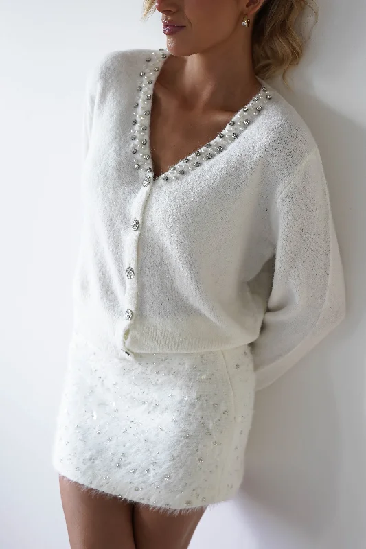 v neck women cardigan to elongate the necklineCali Knitted Embellished Cardigan | White