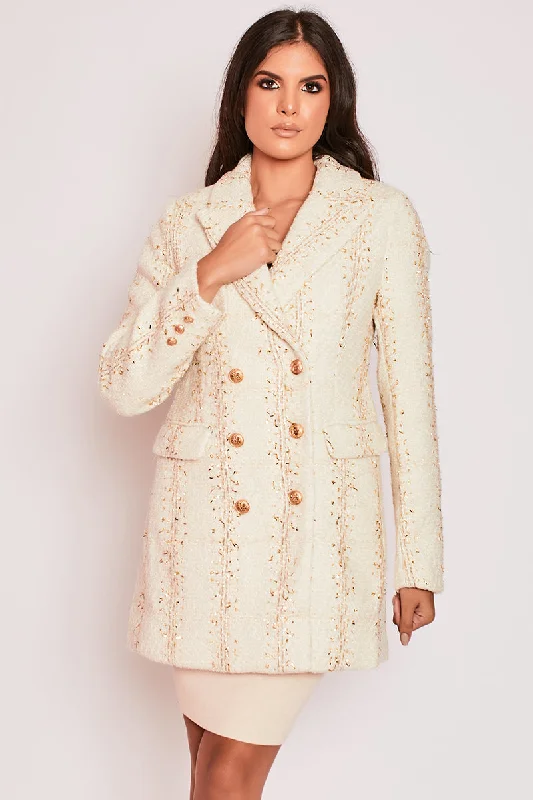 Women's Longline Linen Blazers in Pastel Colors for Summer EventsAlaana - Ivory & Gold Long Lined Double Breasted Tweed Blazer