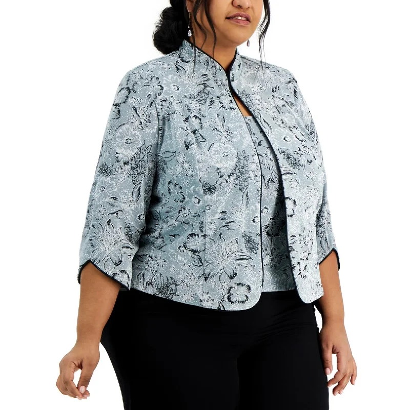 Plus Size Women's Sequin - Embellished Blazers in Silver for a Glamorous PartyAlex Evenings Womens Plus Floral Print Glitter Open-Front Blazer