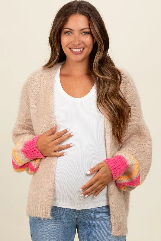 ribbed women cardigan with a classic textureBeige Brushed Knit Striped Sleeve Maternity Cardigan