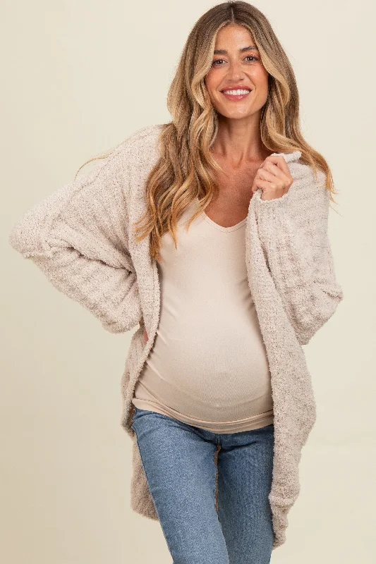 lightweight women cardigan for spring and fallBeige Chunky Knit Dolman Maternity Cardigan