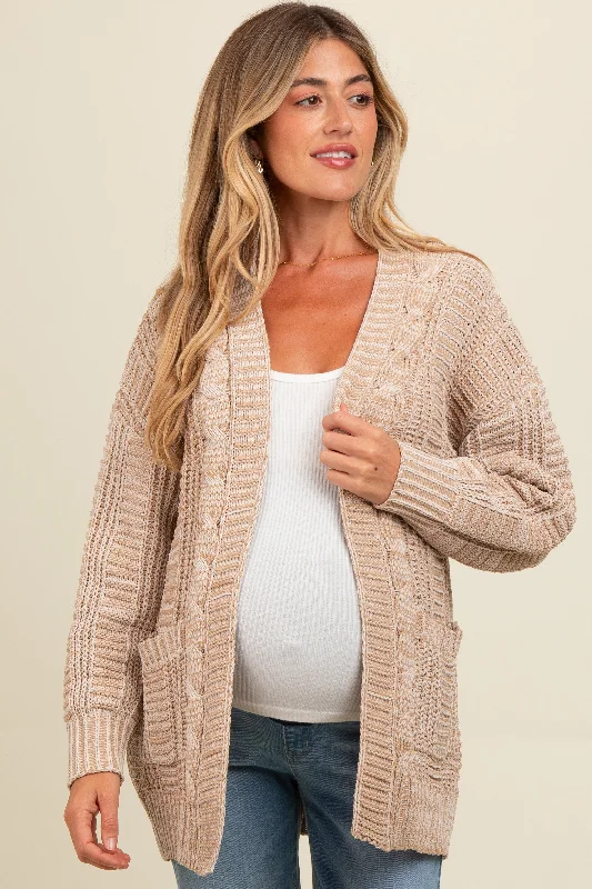 plus size women cardigan for comfortable layeringBeige Two Toned Oversized Cable Knit Maternity Cardigan