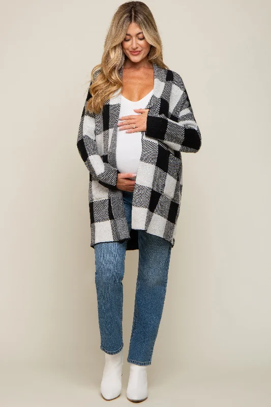 oversized women cardigan for a trendy and cozy lookBlack Plaid Shawl Maternity Cardigan