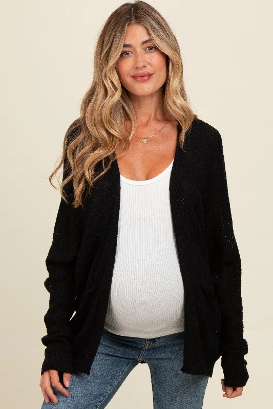 hand knitted women cardigan with artisanal charmBlack Pocketed Open Maternity Cardigan