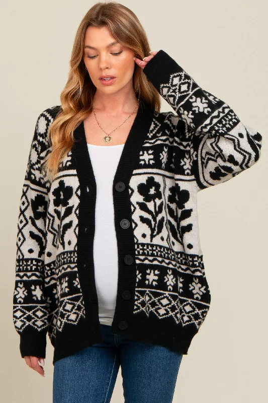 color block women cardigan with bold huesBlack Printed Maternity Button Up Cardigan