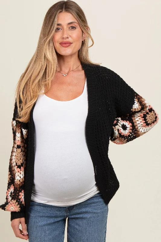 plus size women cardigan for comfortable layeringBlack Sleeve Crochet Maternity Cardigan