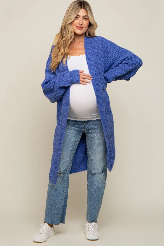 cable knit women cardigan with intricate patternsBlue Chunky Waffle Knit Maternity Cardigan