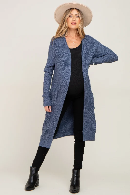 v neck women cardigan to elongate the necklineBlue Open Front Long Maternity Cardigan