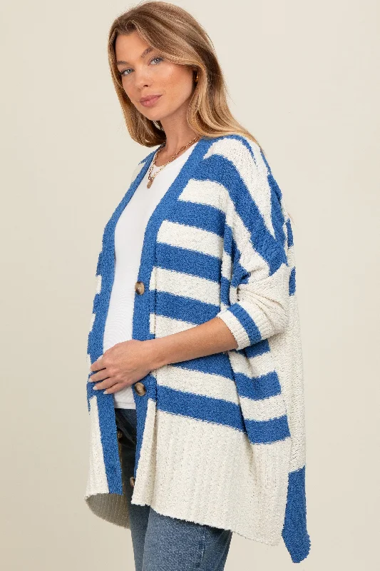 cashmere blend women cardigan for a luxurious feelBlue Textured Knit Striped Oversized Maternity Cardigan