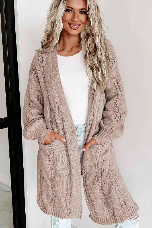 long length women cardigan with side slitsPREORDER Cable-Knit Dropped Shoulder Cardigan