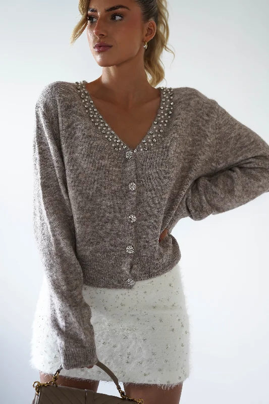 floral print women cardigan for a feminine touchCali Knitted Embellished Cardigan | Taupe