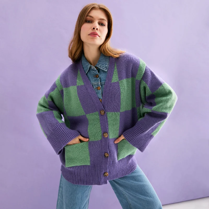 boyfriend style women cardigan for a relaxed fitCandice Checked Cardigan with Wide Sleeves - Purple & Green