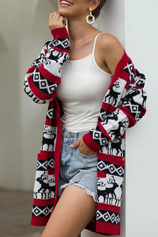 color block women cardigan with bold huesChristmas Snowflake Deer Mid-length Cardigan