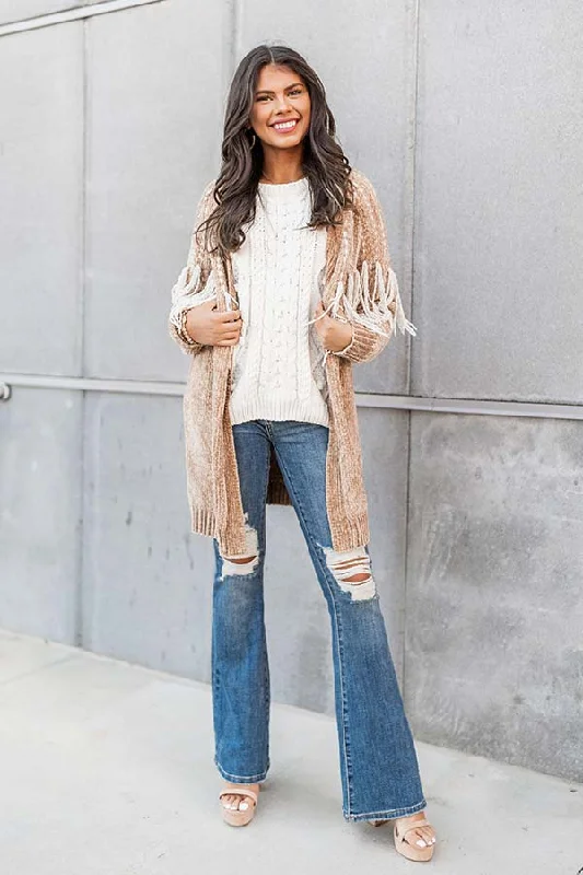 v neck women cardigan to elongate the necklineCider Falls Chenille Cardigan In Camel