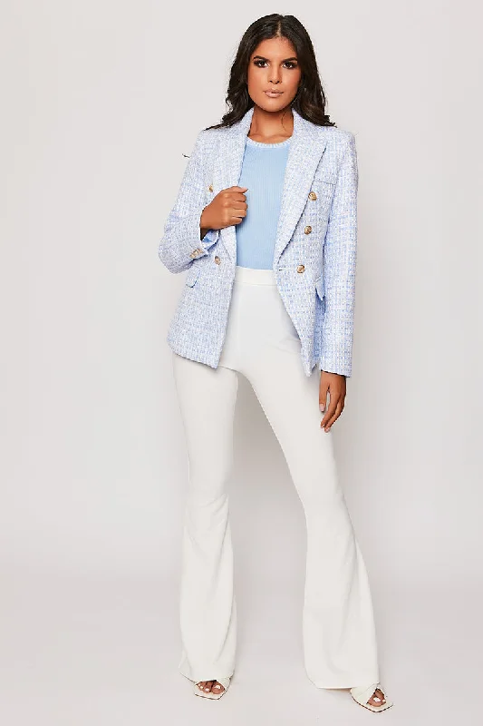 Women's Belted Blazers in Camel Color for a Sophisticated OutfitClaudette - Blue Contrast Knit Thread Gold Button Blazer