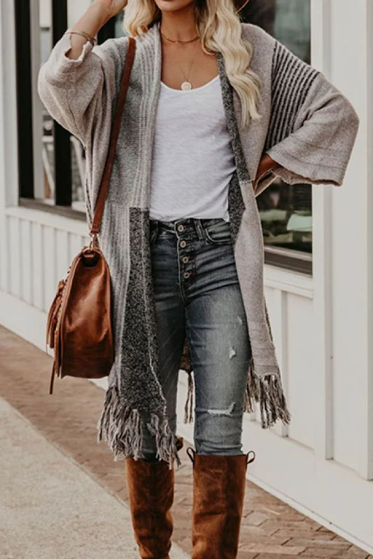 oversized women cardigan for a trendy and cozy lookContrast Fringe Hem Shawl Cardigan