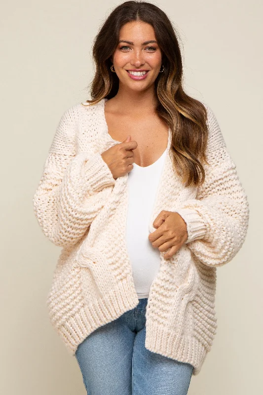 plus size women cardigan for comfortable layeringCream Chunky Knit Maternity Cardigan