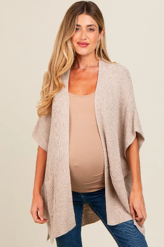 ribbed women cardigan with a classic textureCream Drop Shoulder Side Pocket 3/4 Sleeve Maternity Cardigan