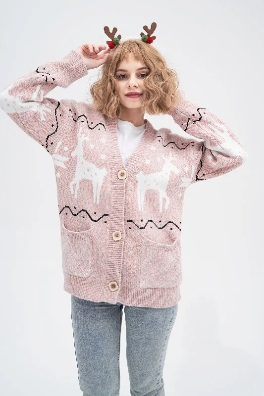 cable knit women cardigan with intricate patternsDeer Pattern Knit Cardigan