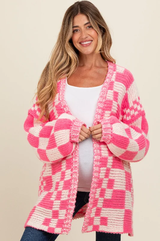 oversized women cardigan for a trendy and cozy lookFuchsia Mixed Check Pattern Chunky Maternity Cardigan