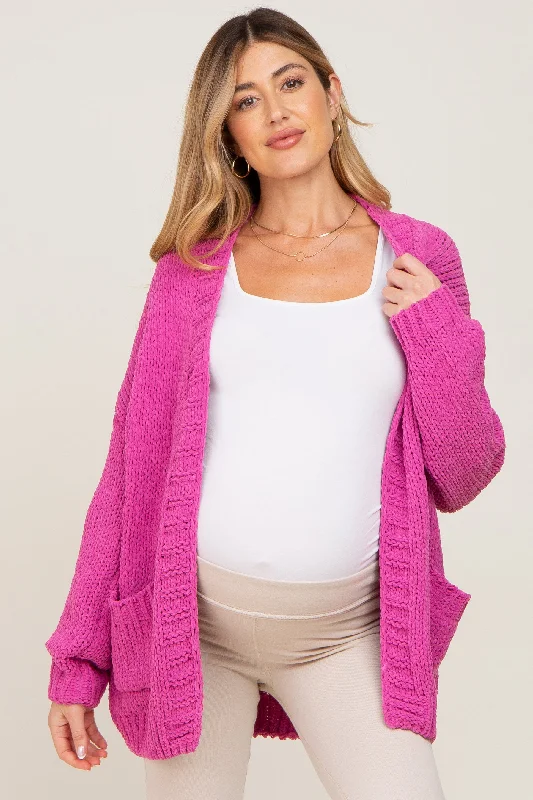 machine washable women cardigan for easy careFuchsia Oversized Bubble Sleeve Maternity Cardigan