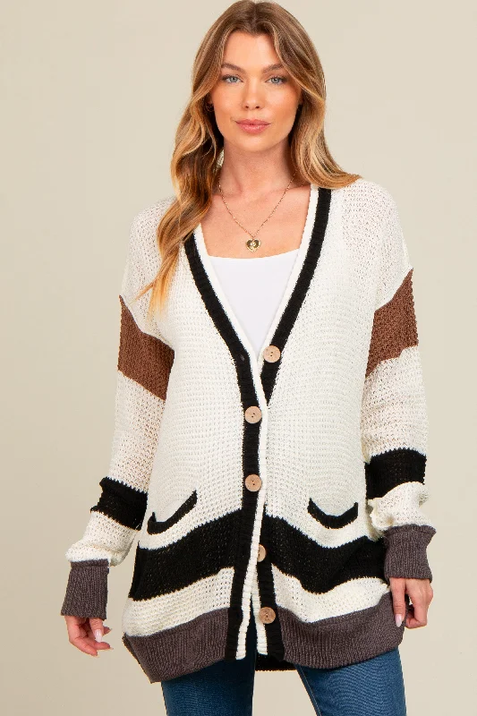 open front women cardigan for easy stylingIvory Crochet Knit Stripe Detail Oversized Maternity Cardigan