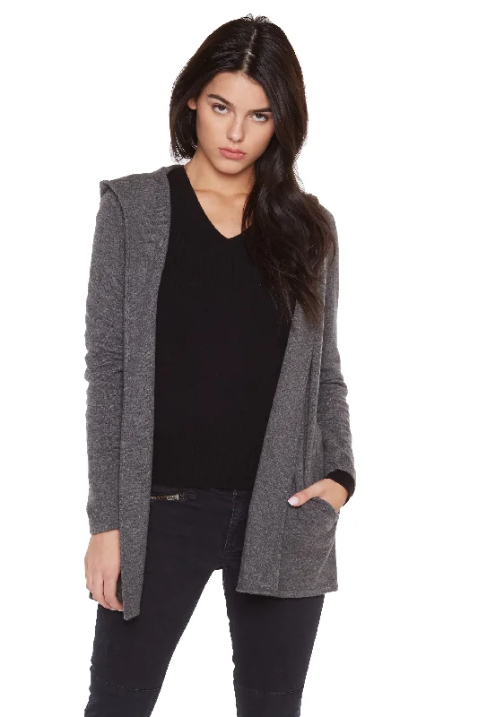 v neck women cardigan to elongate the necklineJENNIE LIU Women's 100% Pure Cashmere Hooded Open-Front Long Cardigan Sweater