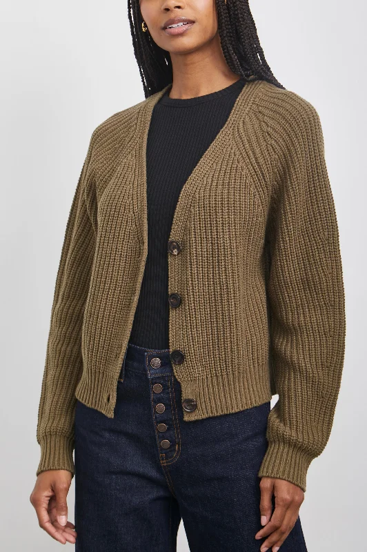 hand knitted women cardigan with artisanal charmJOSIE CARDIGAN - OLIVE