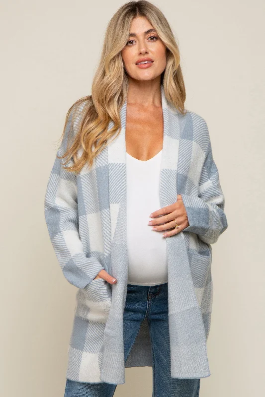 lightweight women cardigan for spring and fallLight Blue Plaid Shawl Maternity Cardigan