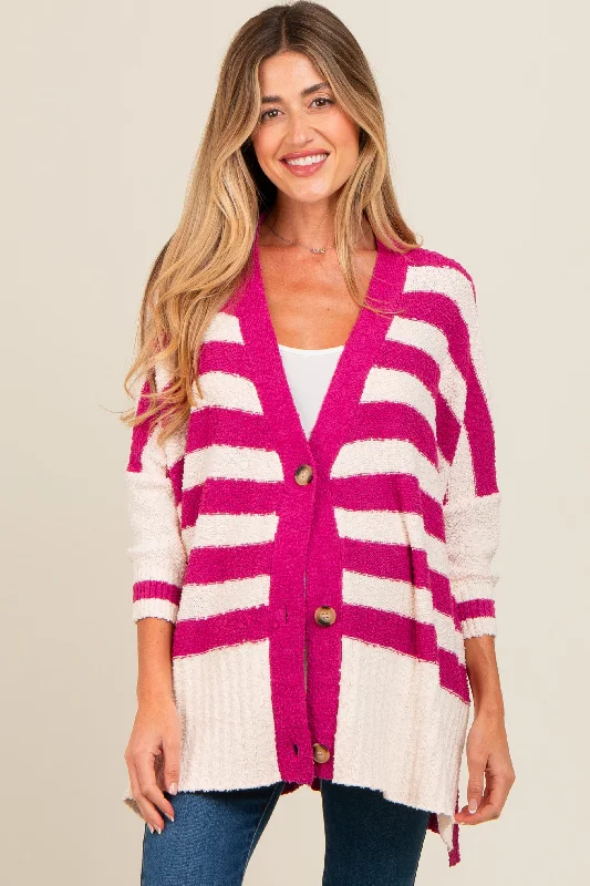 plus size women cardigan for comfortable layeringMagenta Textured Knit Striped Oversized Maternity Cardigan