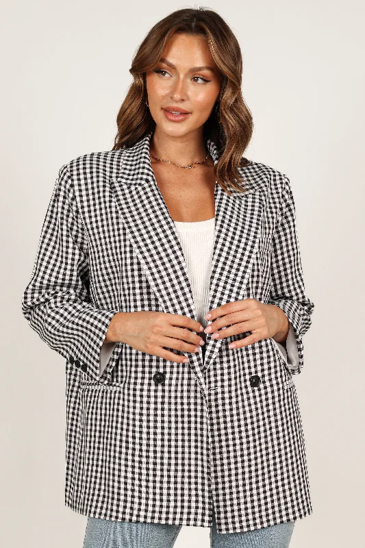 Plus Size Women's Faux Fur - Trimmed Blazers in Black for a Luxurious LookMagnolia Gingham Double Button Blazer - Black