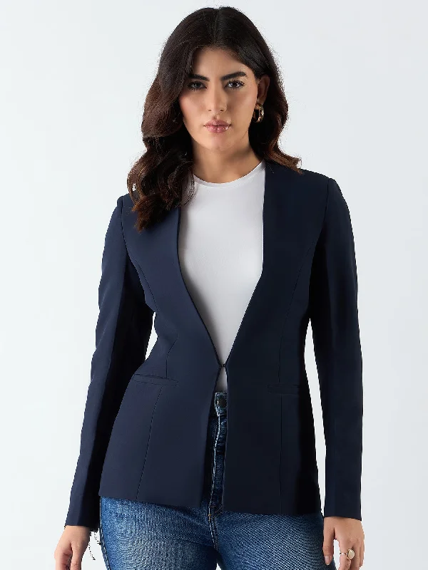 Women's Tailored Stretch Blazers in Navy Blue for Business MeetingsMinimalist Regular Fit Blazer