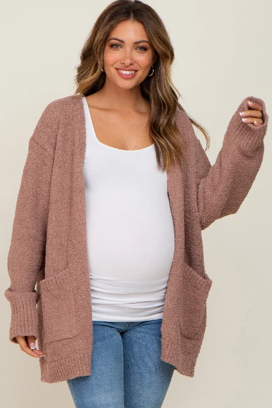 cashmere blend women cardigan for a luxurious feelMocha Fuzzy Knit Front Pocket Maternity Cardigan