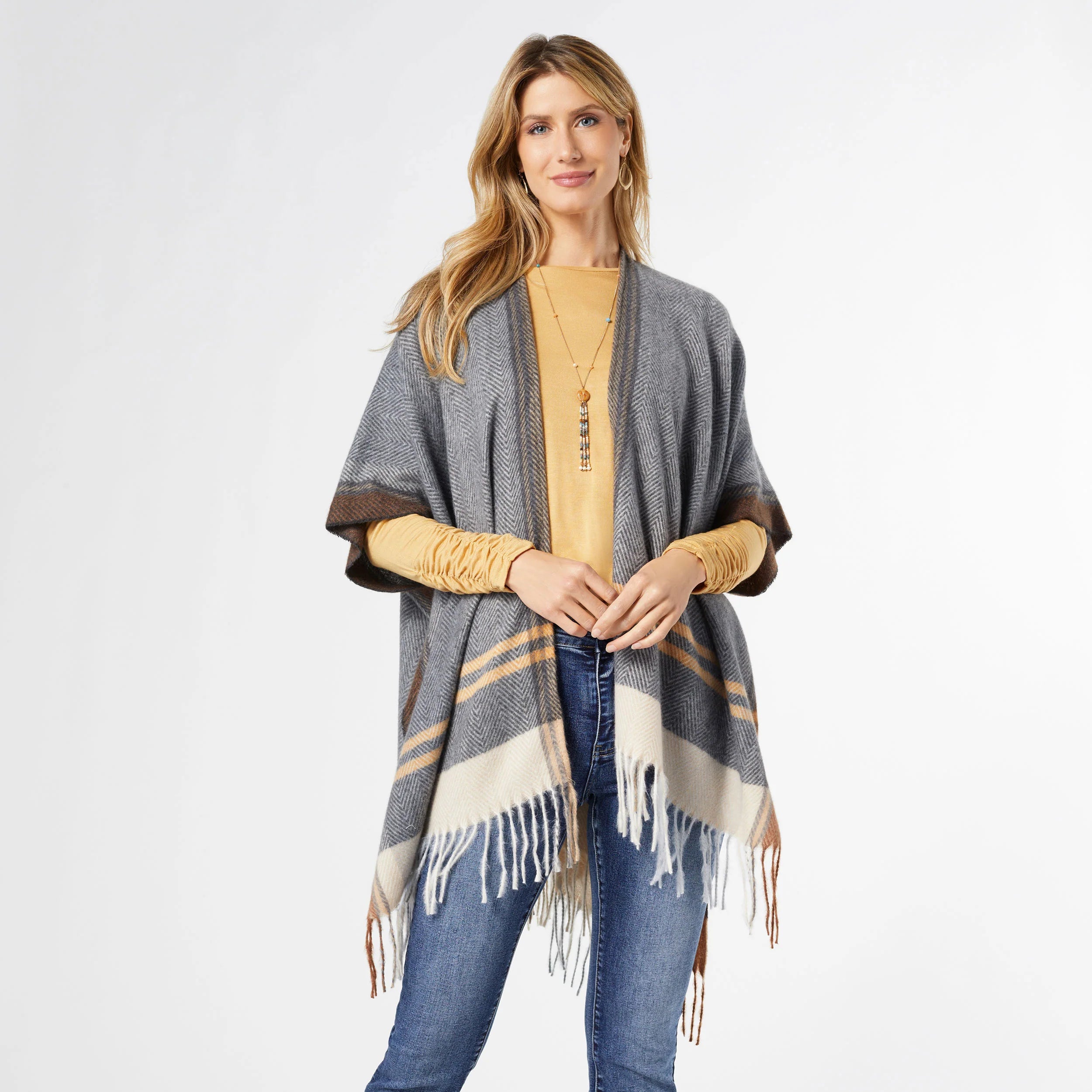 cable knit women cardigan with intricate patternsMustard Grey Plaid Ruana