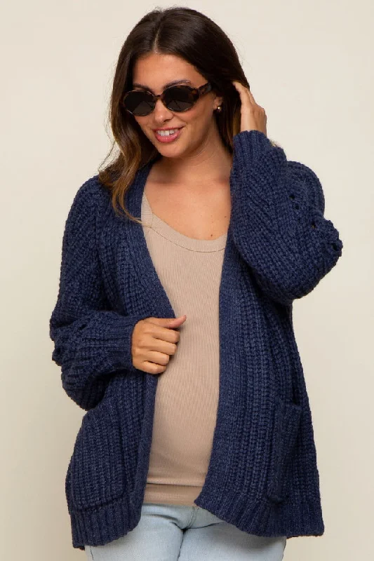 open front women cardigan for easy stylingNavy Blue Chunky Knit Maternity Cardigan