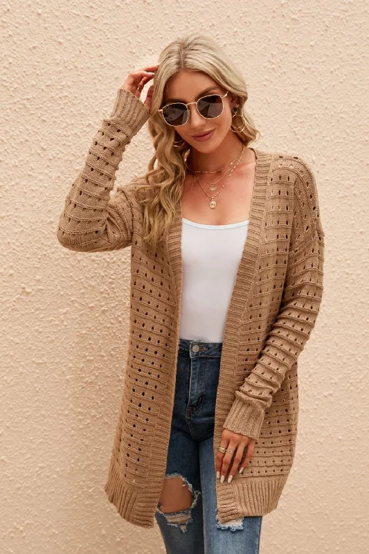 cable knit women cardigan with intricate patternsOpenwork Horizontal Ribbing Open Front Cardigan