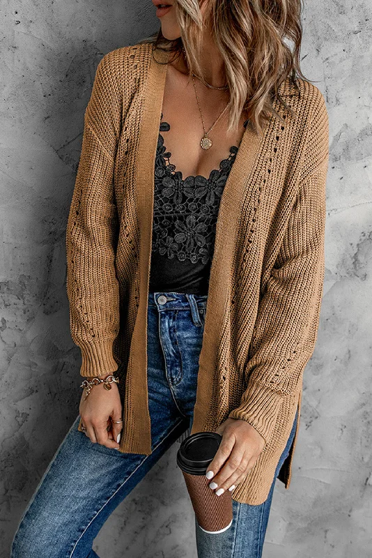 plus size women cardigan for comfortable layeringOpenwork Rib-Knit Slit Cardigan